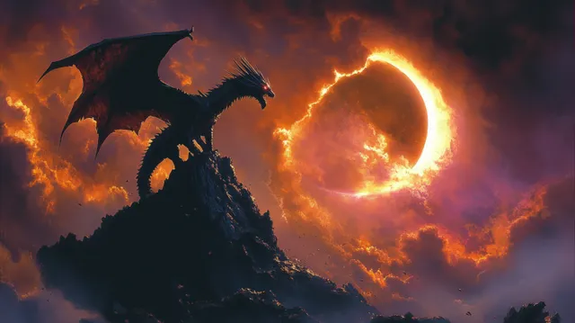 A black dragon spreads its wings on a jagged peak under a flaming solar eclipse surrounded by glowing clouds.