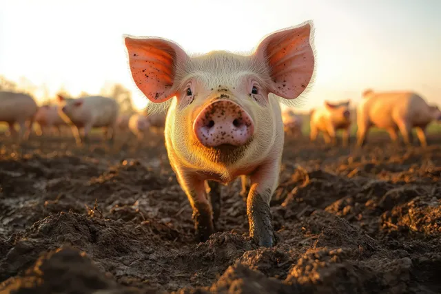 A curious piglet stands on muddy farm soil at sunset with other pigs blurred in the background.