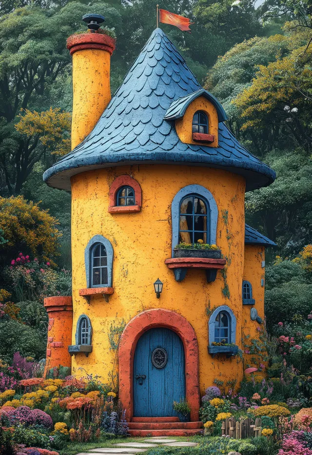 Cartoon cottage with a tall blue roof and small flag in a flower-filled garden with trees behind it.