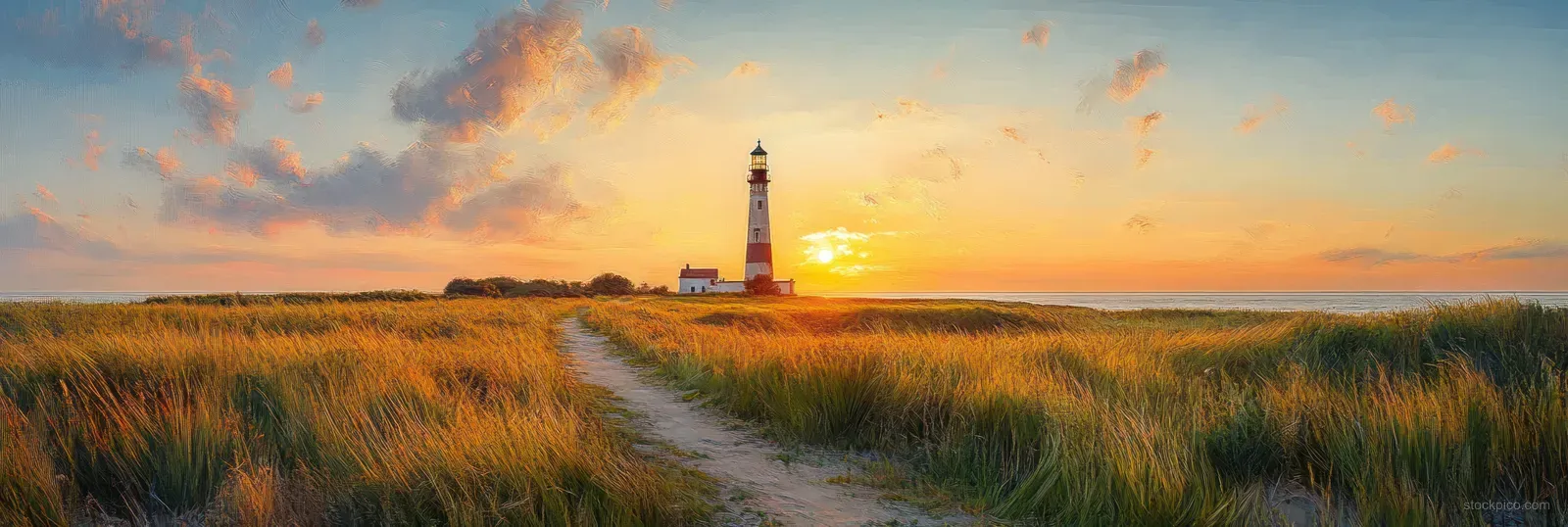Westerheversand Lighthouse at sundown with a winding path through grassy coastal dunes and a glowing sky.