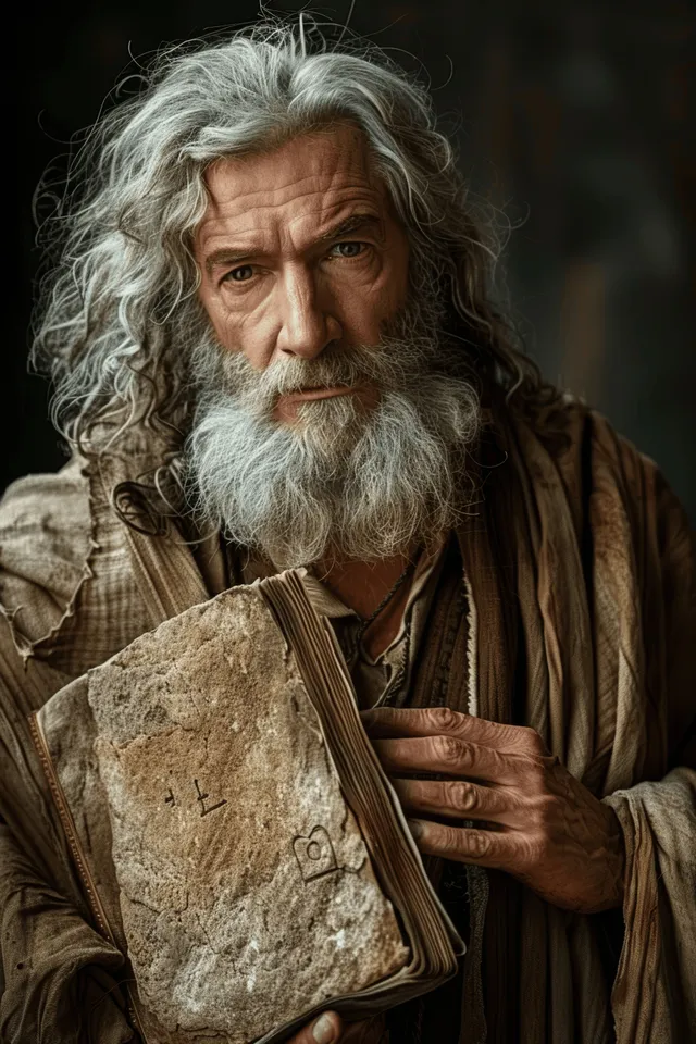 Moses with a white beard holds stone tablets and an old book, illuminated by dramatic light.