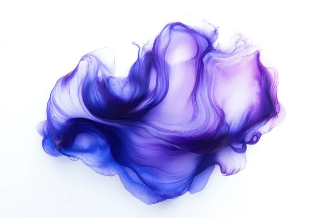 Violet and blue dye-like fluid forms soft swirling ribbons on a white background.