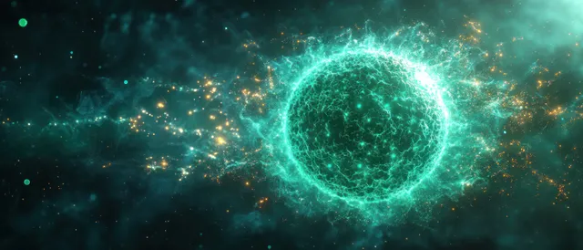 Glowing green coronavirus particle with crown spikes floating over a dark medical visualization background.