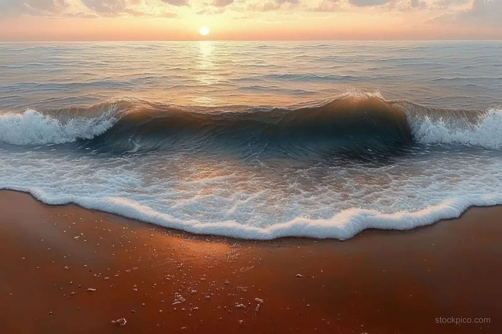 Golden-hour waves roll onto a sandy beach while the sun glows low on the horizon.