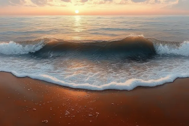 Golden-hour waves roll onto a sandy beach while the sun glows low on the horizon.