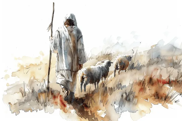 Watercolor Jesus in white robe walking shepherd path with sheep, staff and misty field