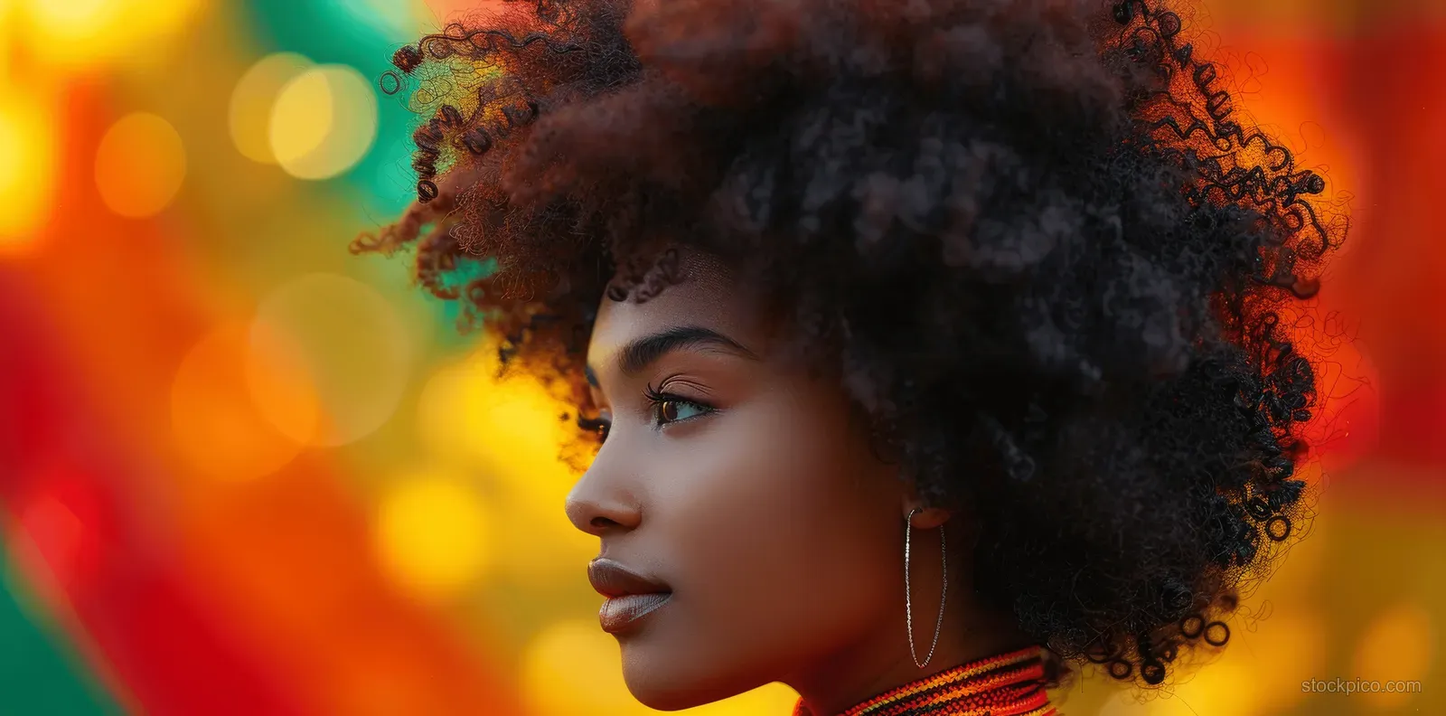 An African American woman is shown in profile with curly afro hair against a red, yellow, and green glowing bokeh background.