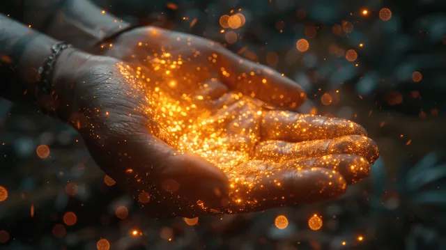 Close-up hand holding glowing golden sparkles with shimmering light particles in front of a dark blur.