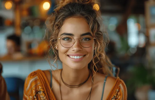 Smiling businesswoman in glasses sits at a table with a laptop surrounded by colleagues during an office meeting.