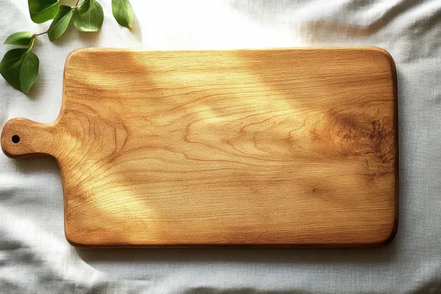 Rustic wooden cutting board resting on linen tablecloth, sunlit top-down texture detail