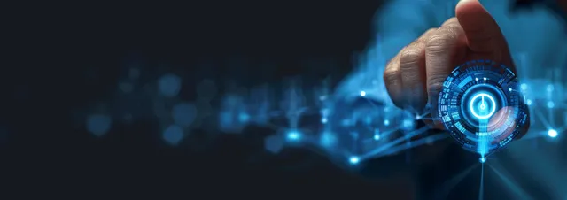A business analyst points to a virtual target on a blue digital finance background, symbolizing strategic investment planning.