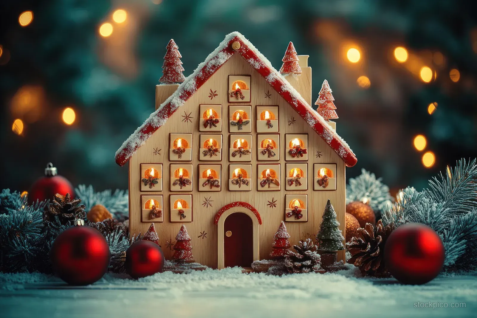 A wooden Christmas advent calendar house with glowing numbered doors surrounded by ornaments and evergreen branches.