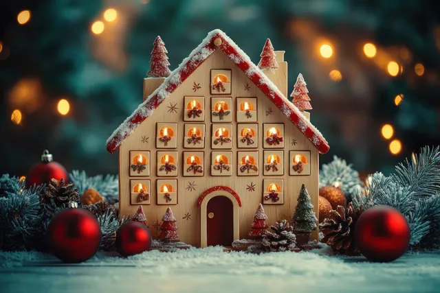 A wooden Christmas advent calendar house with glowing numbered doors surrounded by ornaments and evergreen branches.