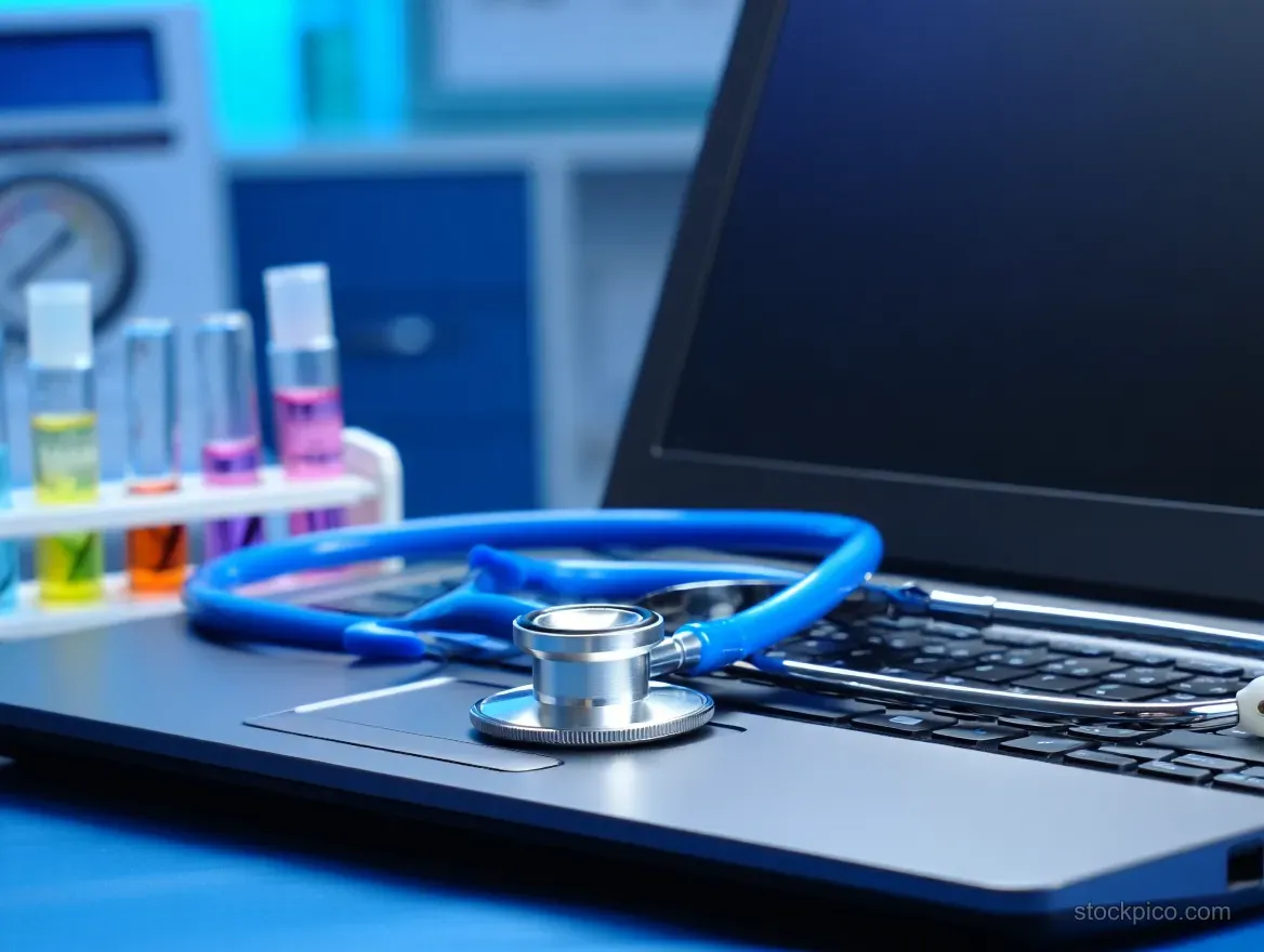 Blue stethoscope lying on a laptop keyboard with colorful test tubes in the background.