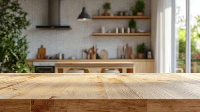 Wooden countertop in a bright Scandinavian kitchen with soft daylight and minimalist open shelves behind.