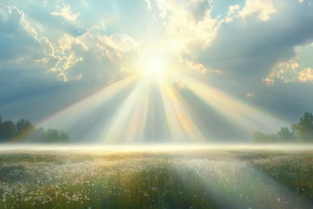 Sunbeams break through clouds over a misty field, sparkling particles in the light