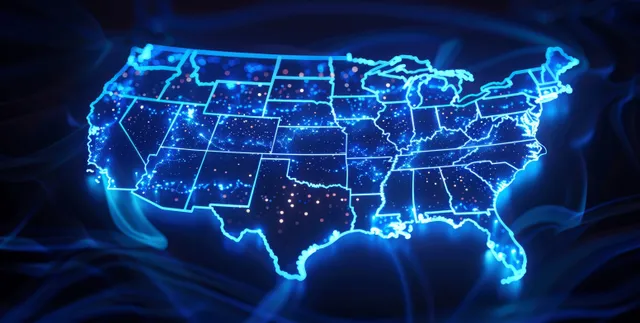 A glowing 3D map of the United States with electric blue lines connecting regions on a dark background.