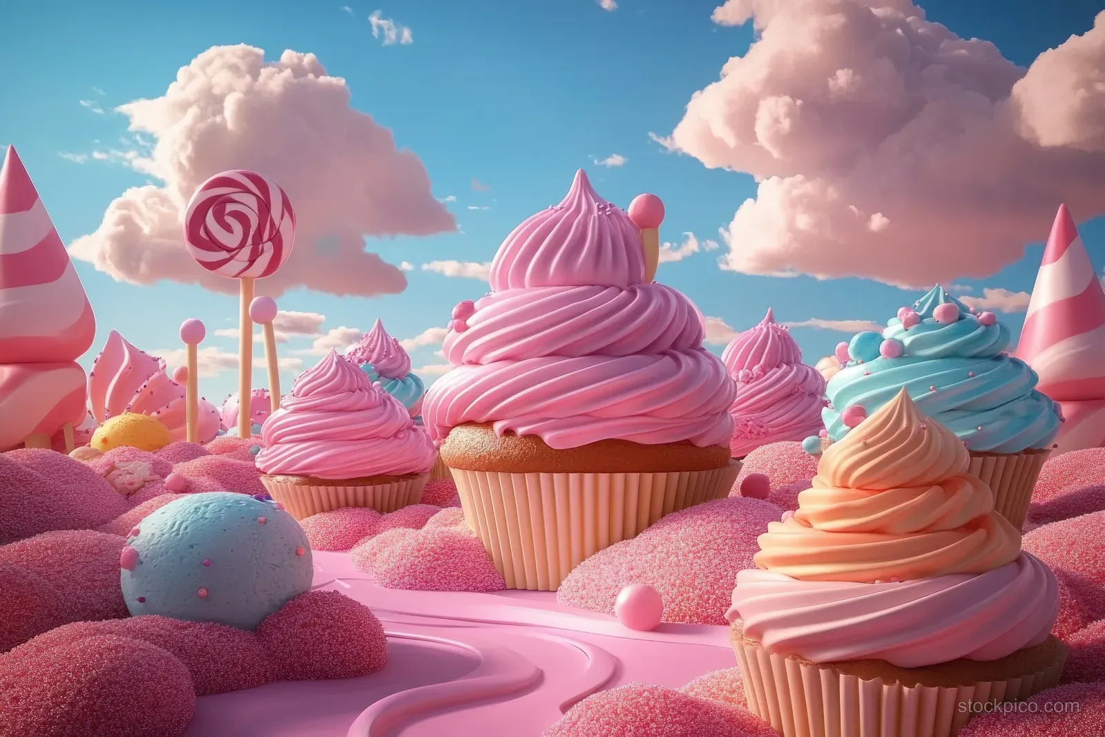 Pastel cupcakes and lollipops sit on a candy landscape under fluffy clouds in a whimsical fantasy scene.