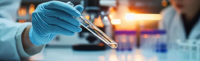 Gloved hands pipette a clear liquid sample into a test tube in a clinical laboratory.