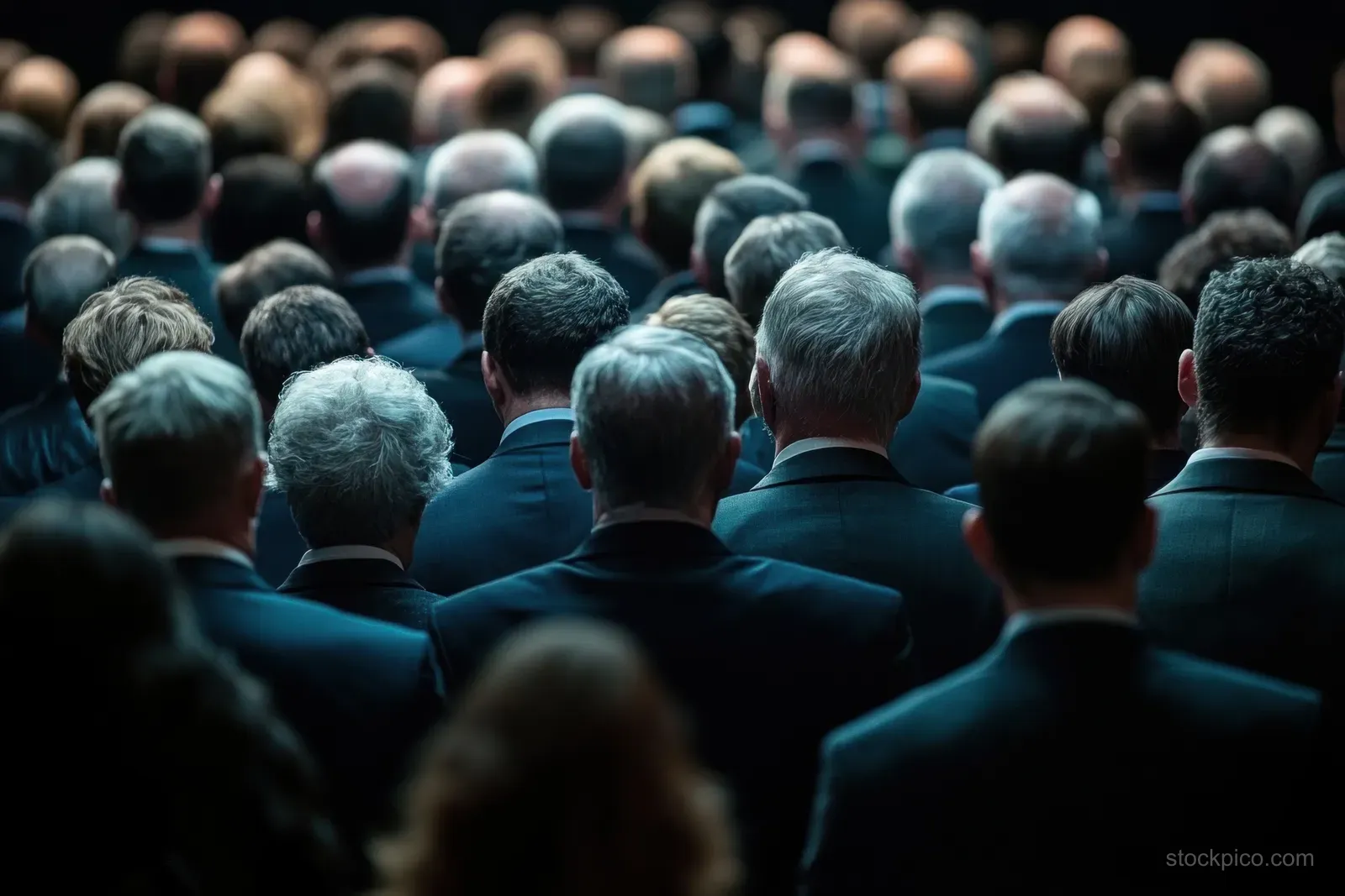 Men in dark suits sit closely together from behind in a dim conference hall.
