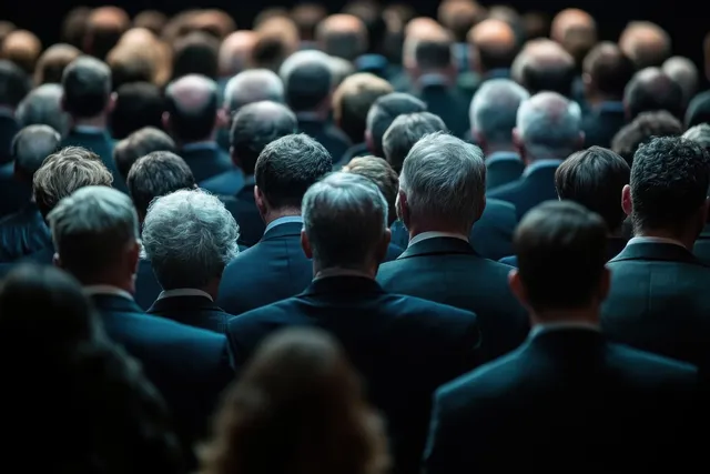 Men in dark suits sit closely together from behind in a dim conference hall.