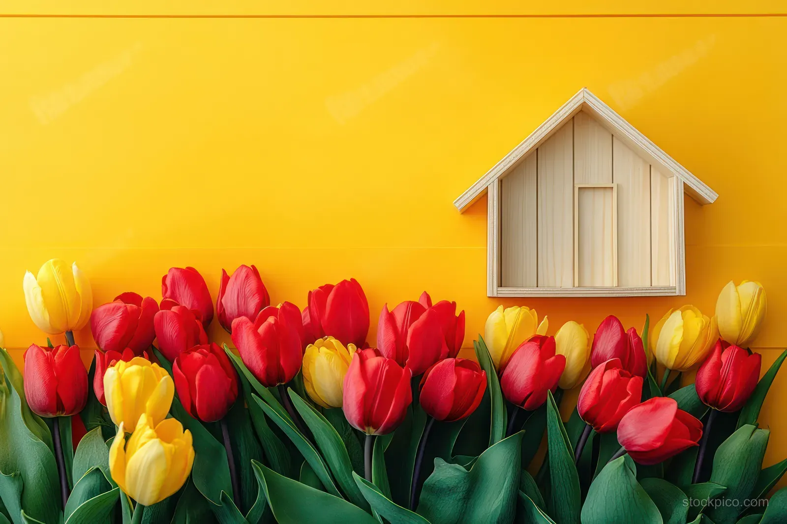 Red and yellow tulips arranged along a bright yellow background beside a small wooden calendar house.