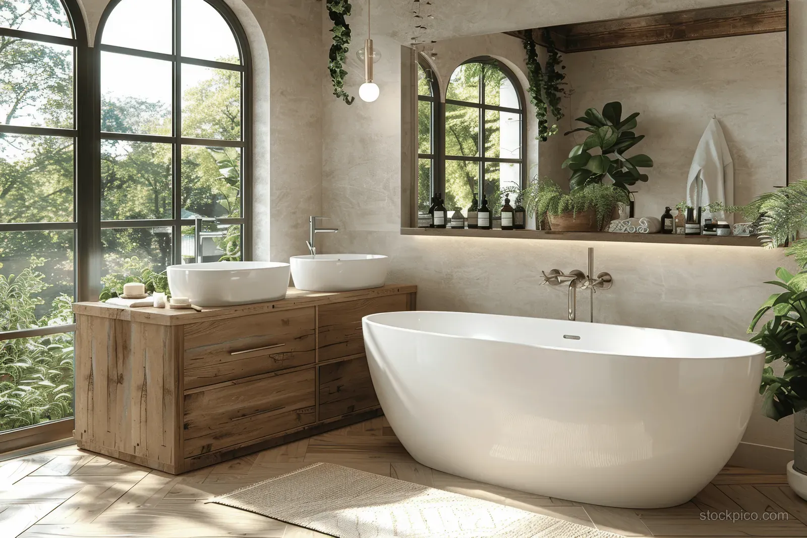 Freestanding white bathtub in a bright bathroom with arched windows, wooden vanity, and green plants.