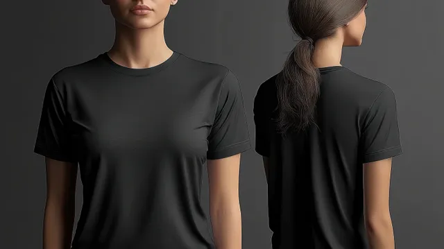 Realistic black T-shirt mockup showing front and back views with soft studio lighting on a neutral background.
