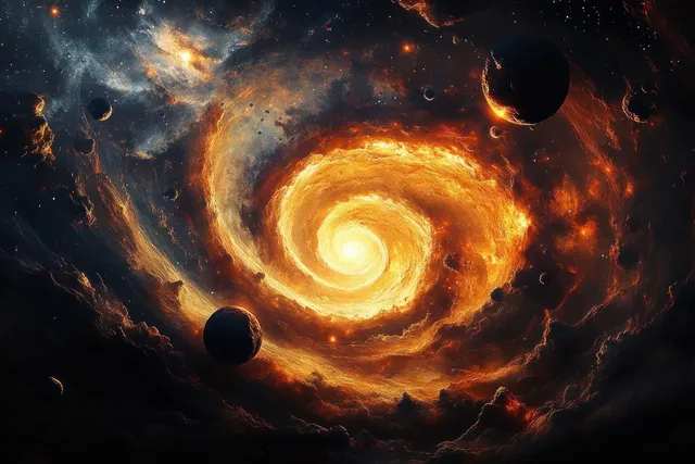 Fiery spiral galaxy with glowing core, orange nebula dust, and orbiting planets in dark space