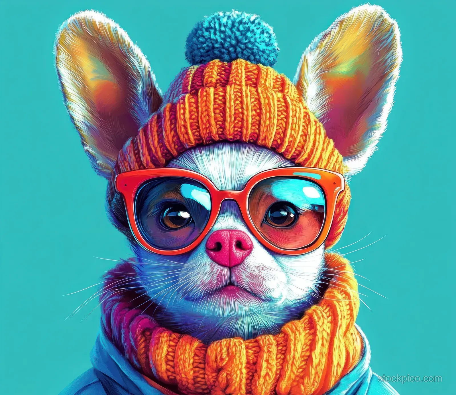 A cartoon French bulldog with a blue knitted pom-pom hat and red glasses faces forward on a turquoise background.
