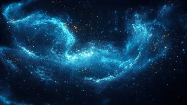 Swirling blue nebula with glowing particles and star specks across deep space background with Galaxy Formation
