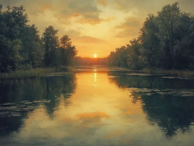 Sunset lake reflects golden sky between dense green trees