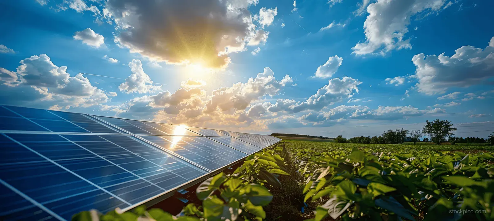Solar panels near green crops with sun flare in a bright blue sky.