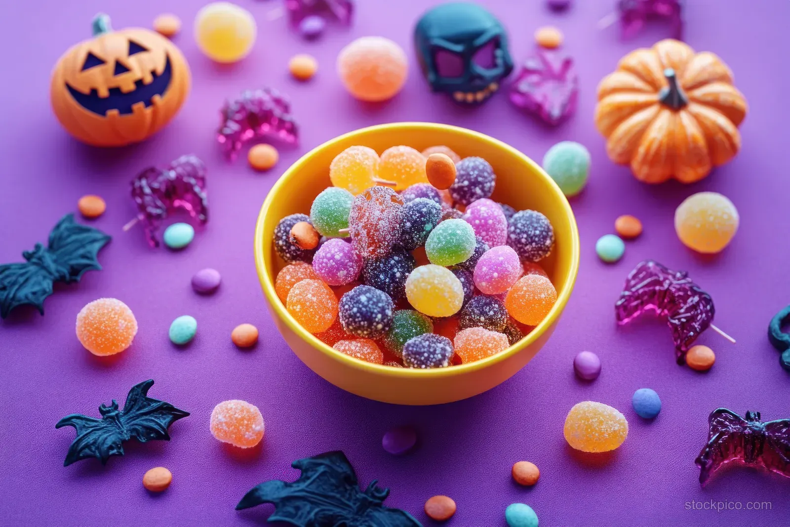 A yellow bowl of colorful sugar-coated jelly candies surrounded by Halloween pumpkin and bat decorations on a purple surface.
