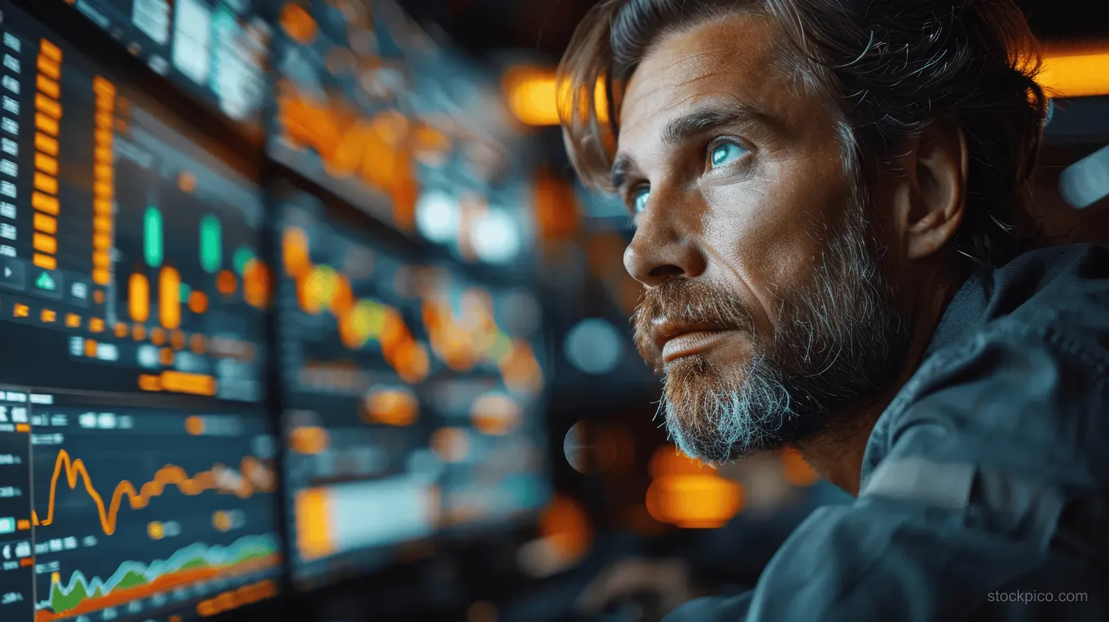 An IT developer types code in a dark office while multi-monitor screens show analytics charts and data panels.
