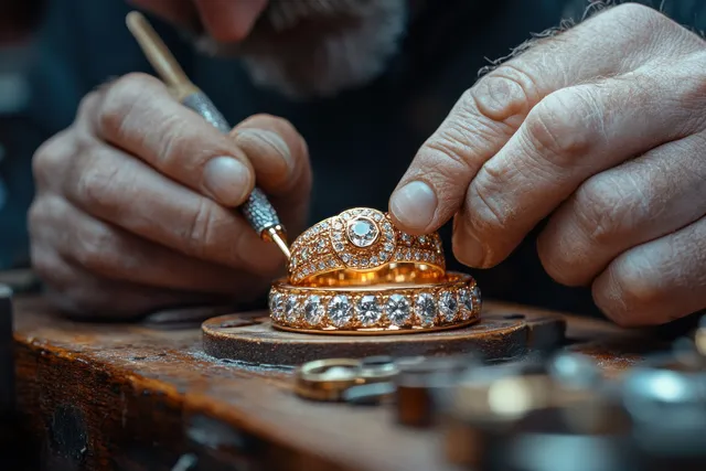 Goldsmith hands setting a diamond into a gold ring on a workshop workbench