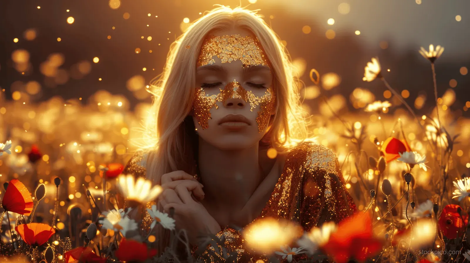 A person in a golden-hour wildflower meadow with red and white blossoms and glowing bokeh lights.