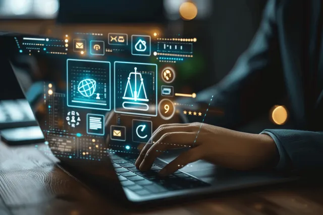 A person types on a laptop with holographic legal and justice icons projected on the screen.