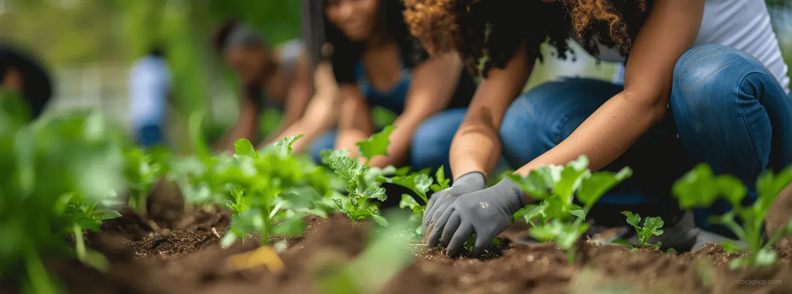 Gloved hands of neighbors planting green seedlings in a community garden bed.