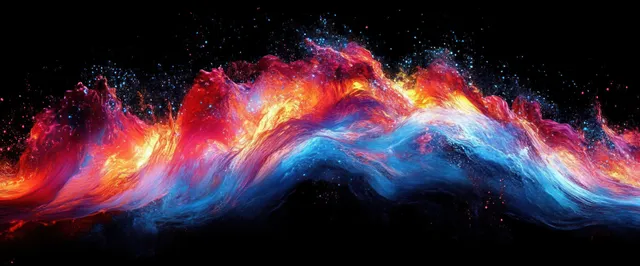 Olas de líquido coloridas se arquean sobre un fondo negro con intensos reflejos rojos, azules y naranjas.