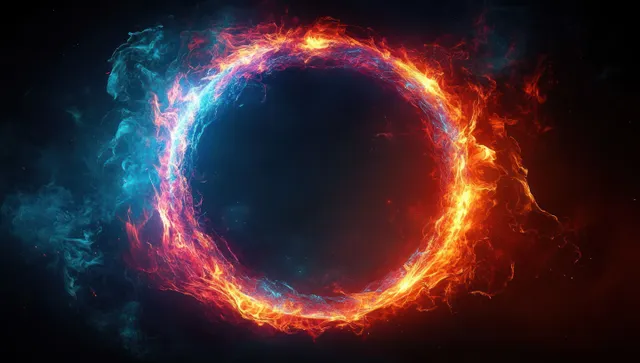 Neon energy sphere ring emitting swirling blue and orange flames and glowing sparks on a dark background.