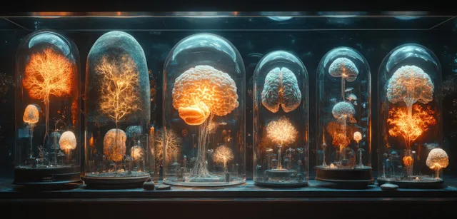 Surreal MRI brain analysis scene with glowing neural structures in glass tubes