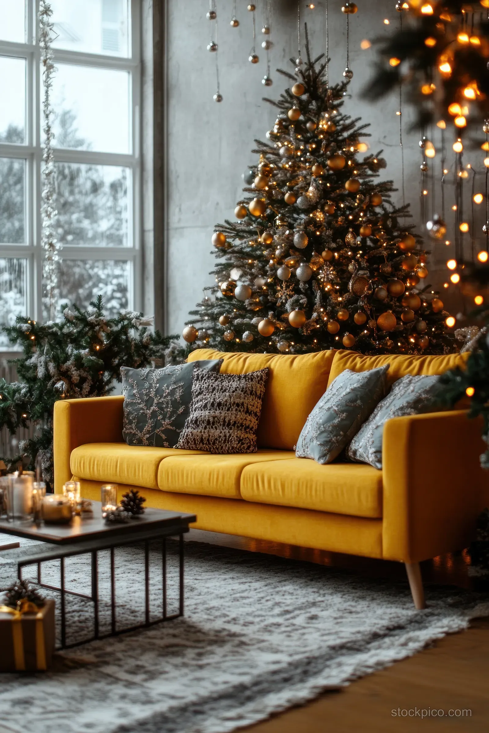 Yellow sofa faces a decorated Christmas tree wrapped with sparkling lights in a bright living room.