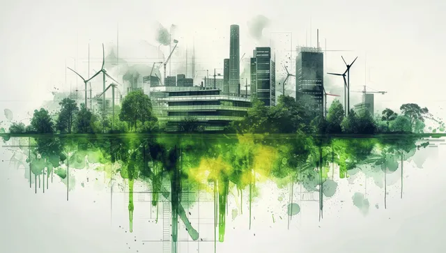Watercolor skyline with wind turbines and trees layered over a green energy concept background.