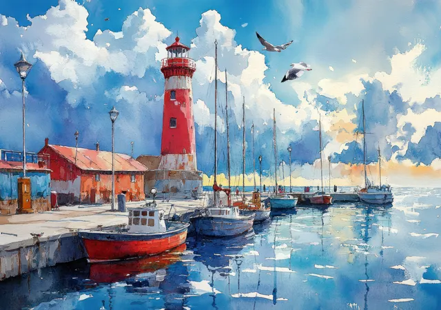 A red lighthouse stands in an autumn harbor with moored boats, calm water, and cloud reflections.