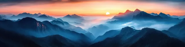 Misty mountain ridges fade into dawn fog under a glowing golden sunrise sky.