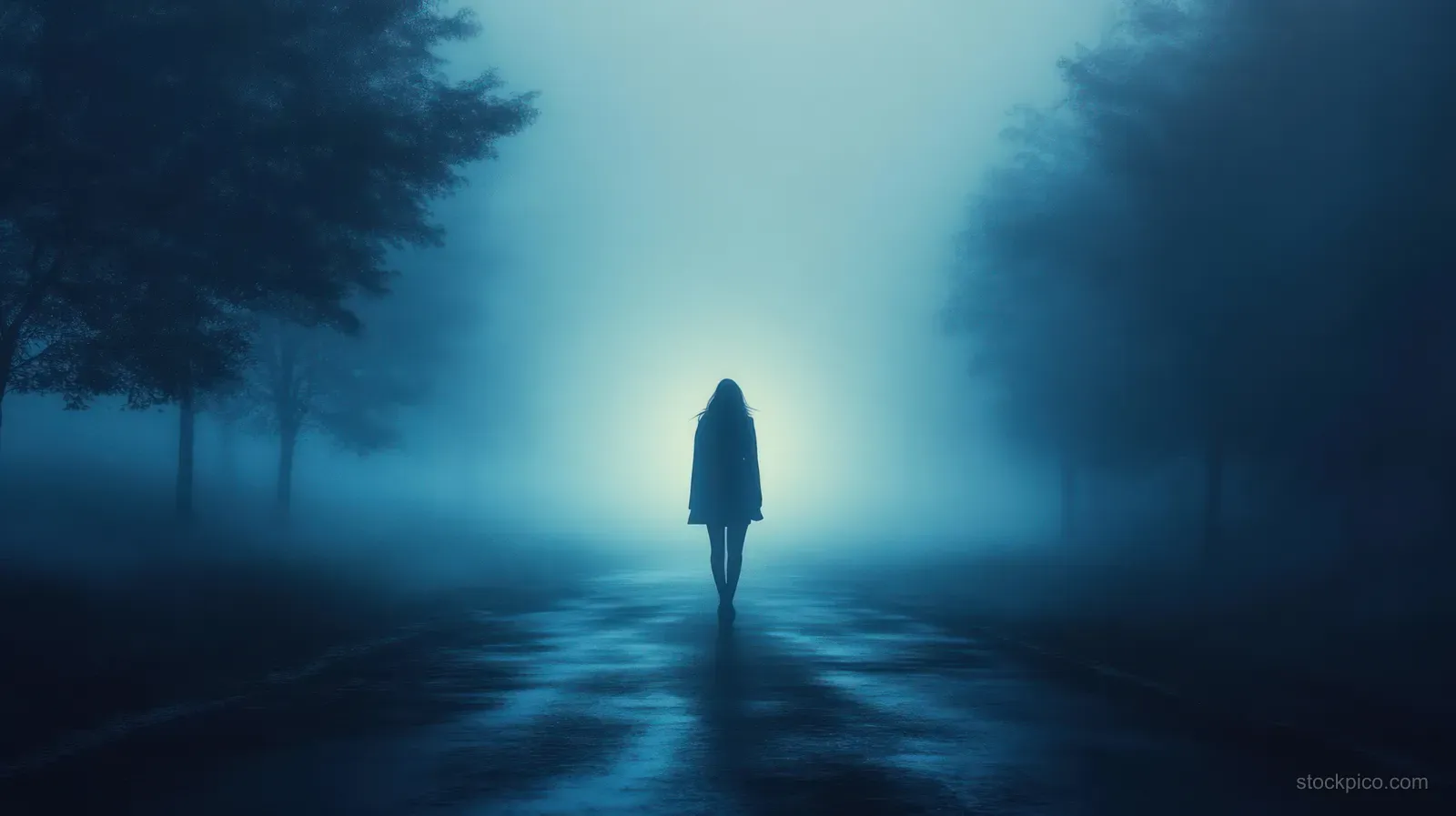 A solitary silhouette walks on a wet, foggy road between trees under a twilight blue sky.