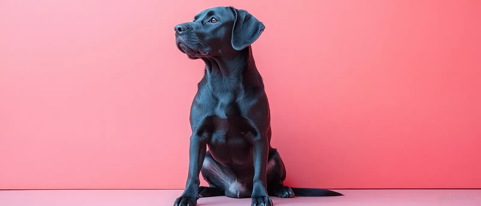Black Labrador dog sitting on a pastel pink studio background facing forward.