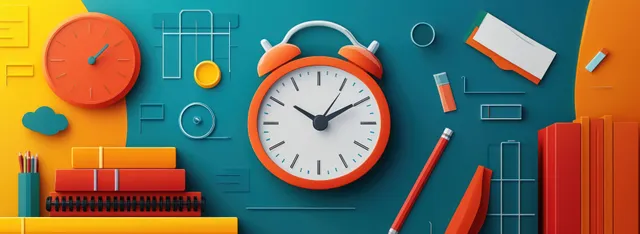Pencils, books, crayons, and an alarm clock arranged over a colorful geometric background.