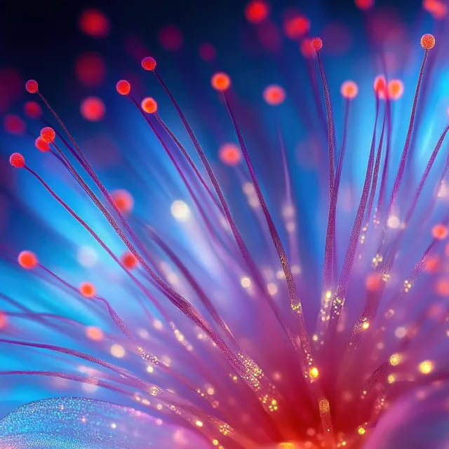 Orange glowing filaments radiate outward in a macro close-up with a blue and purple bokeh background.
